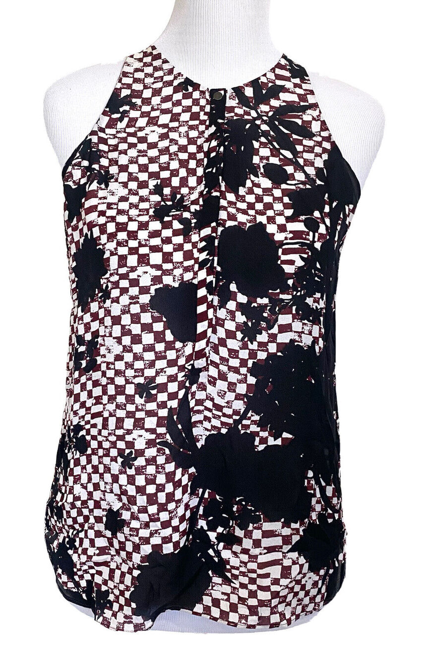 Women’s Silk Sleeveless Top High Neck Semi Sheer Blouse Floral Whimsy Goth XS